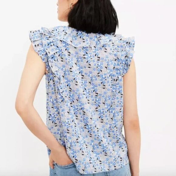 LOFT "Bouquet Ruffle Tie Neck Shell" Floral Blouse  Size S Modest Casual Work - Picture 2 of 8